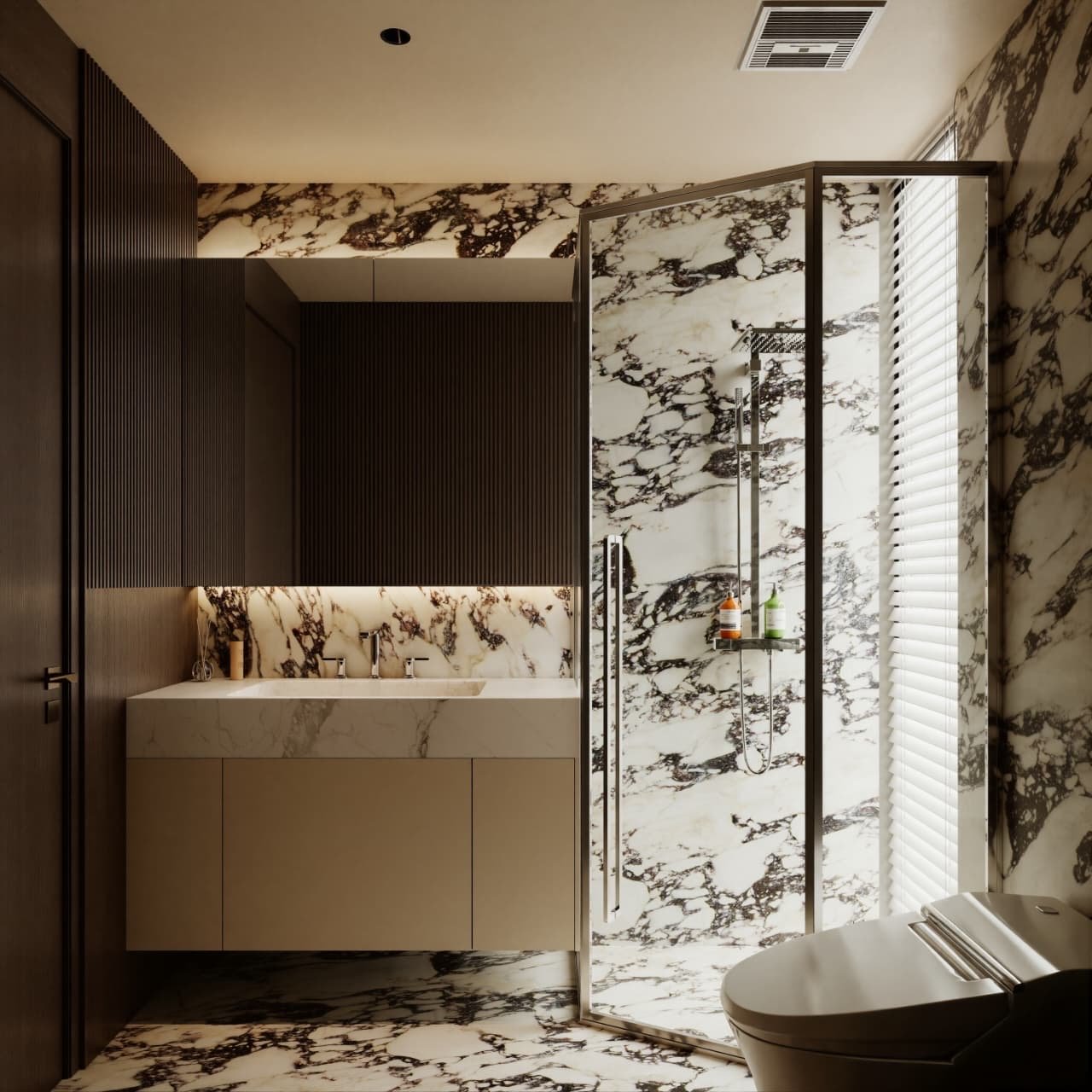 Baño revestido en mármol calacatta viola con vanitory suspendido, listones de madera y ducha vidriada — Tucumán 319