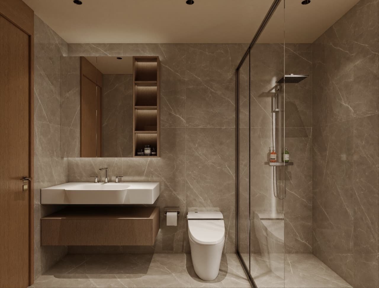 Baño en tonos travertino con vanitory suspendido en madera y ducha vidriada — Tucumán 319