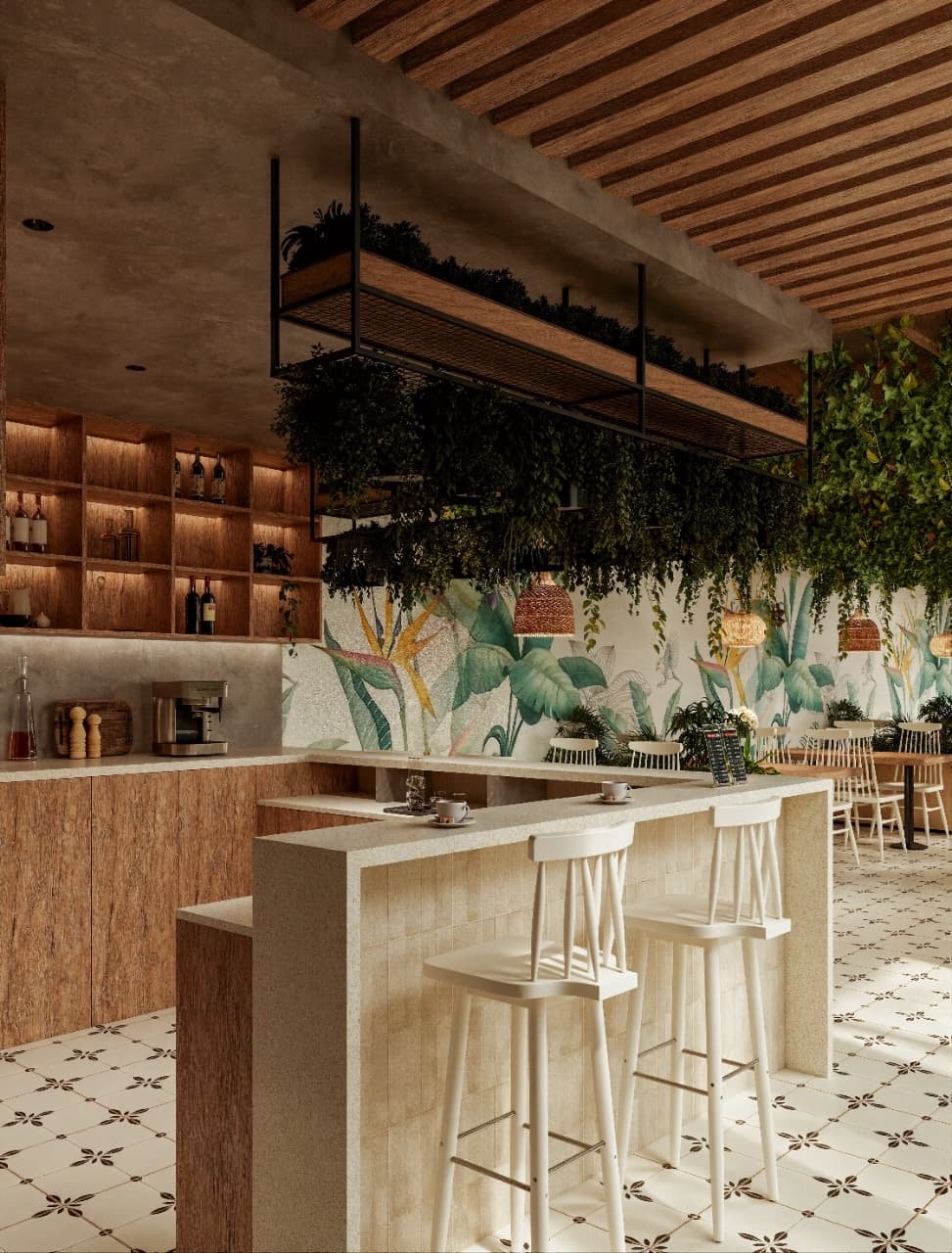 Barra del bar interior en terrazo, estantería de madera iluminada y mural botánico — Tucumán 319