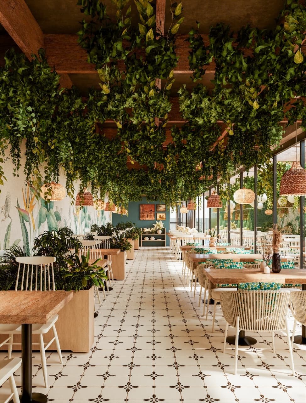 Bar interior: salón con cielorraso vegetado, mural botánico y mosaico calcáreo — Tucumán 319