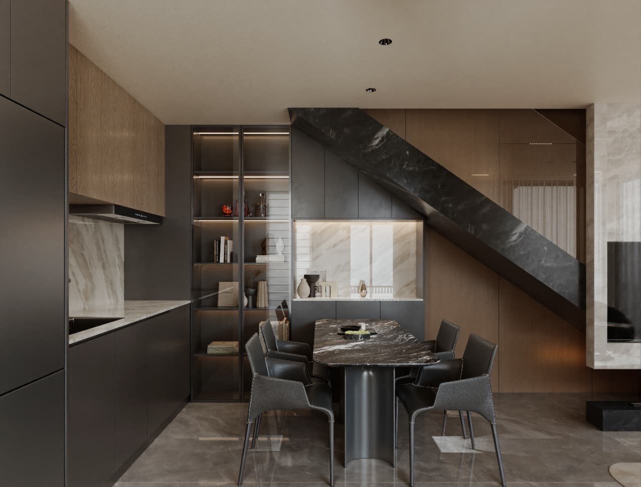 Cocina con comedor diario y biblioteca vitrinada bajo la escalera — Tucumán 319