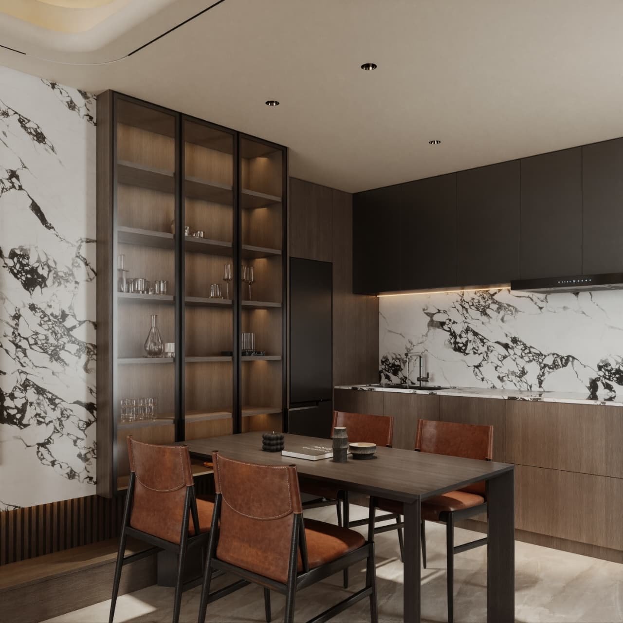 Cocina en madera y negro con frente de mármol, vitrina iluminada y comedor diario — Tucumán 319