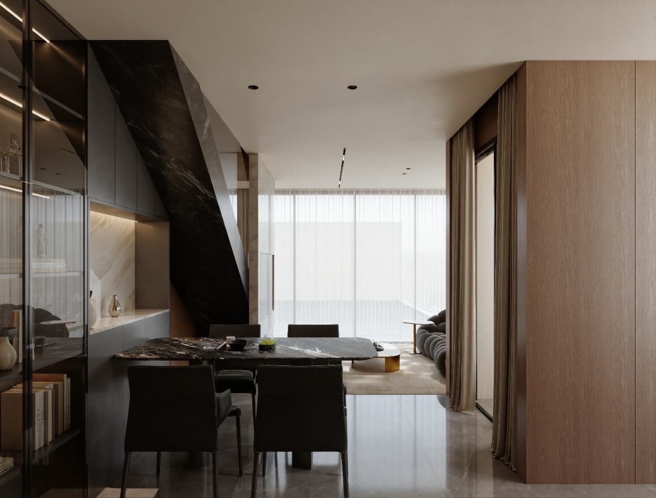 Comedor con mesa de mármol y continuidad visual hacia el estar con ventanal — Tucumán 319