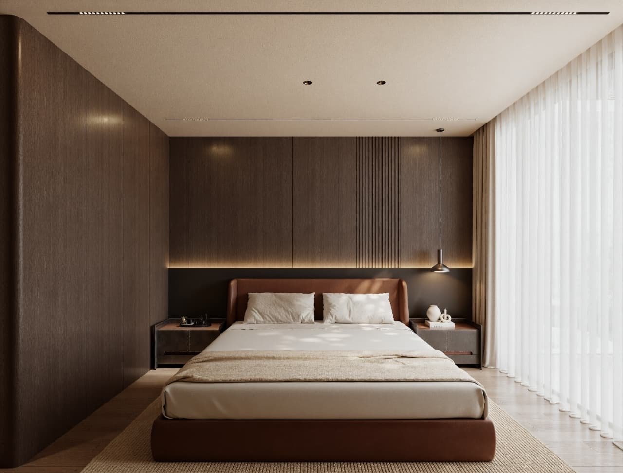 Dormitorio con panelado de madera oscura, cabecera en cuero y luz indirecta — Tucumán 319