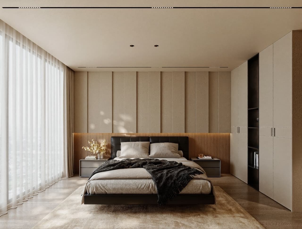 Dormitorio con panelado textil, cabecera en listones de madera y placard integrado — Tucumán 319