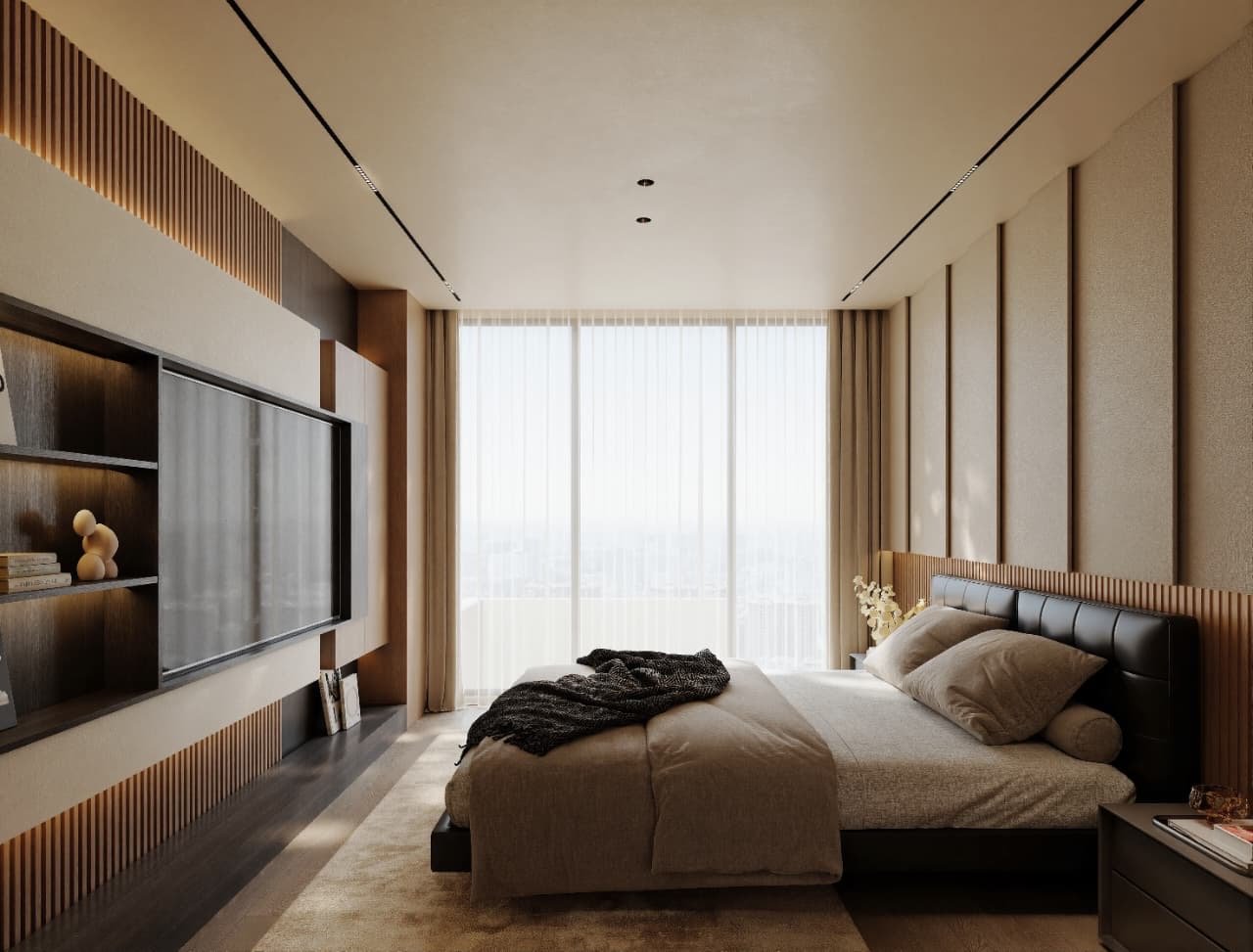 Suite principal con panelado textil y ventanal al exterior — Tucumán 319