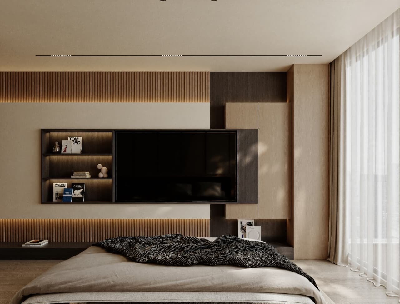 Dormitorio con panel de TV, listones de madera con luz indirecta y cortinado traslúcido — Tucumán 319