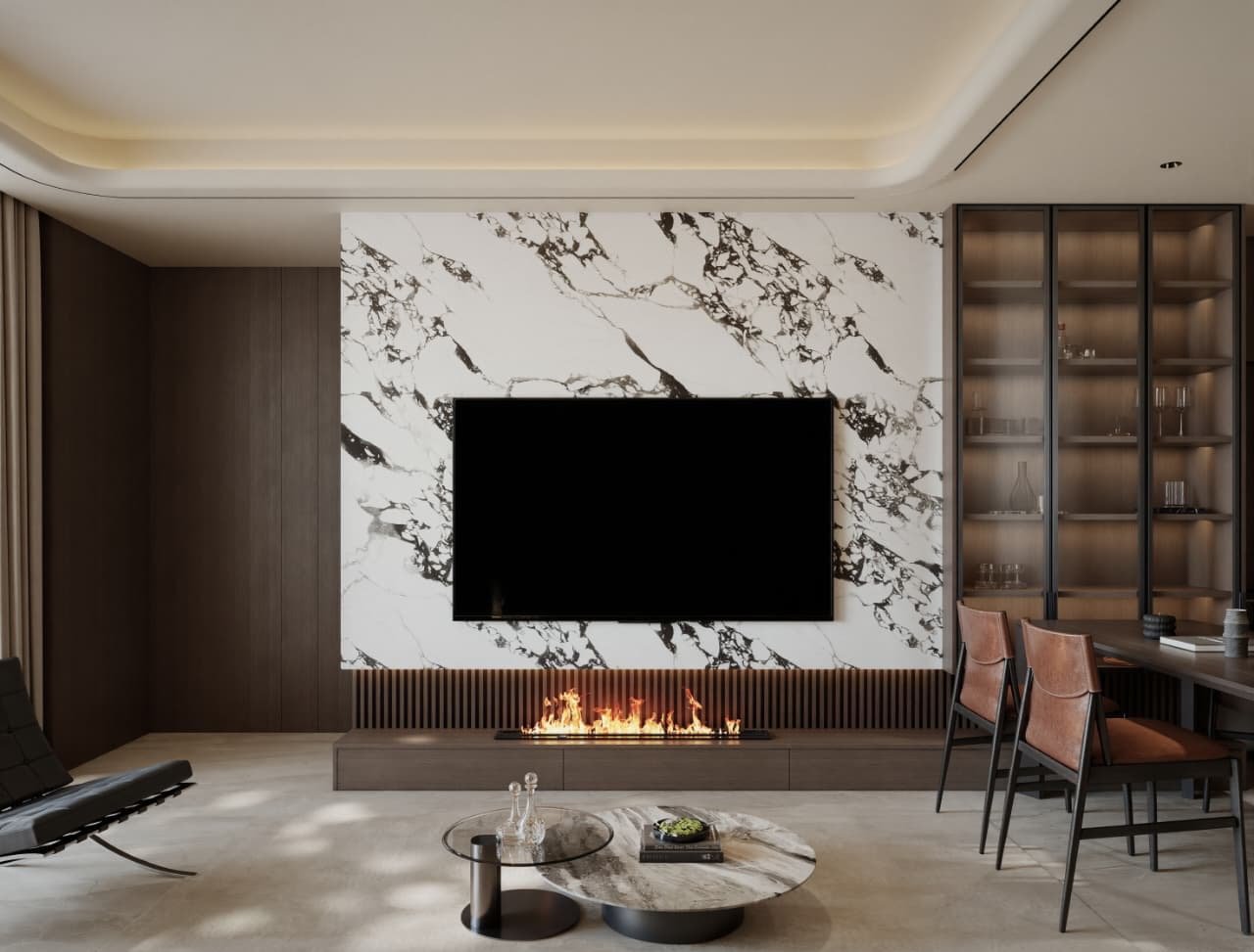 Estar con panel de TV en mármol, hogar lineal a fuego real y vitrina de madera — Tucumán 319