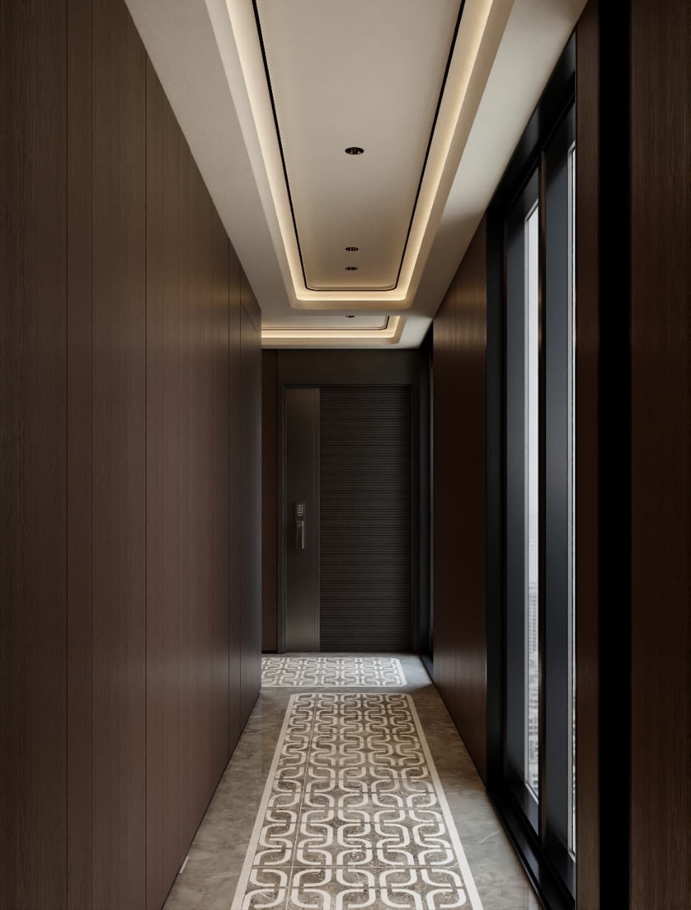 Circulación de acceso con panelado de madera, luz perimetral y mosaico calcáreo — Tucumán 319